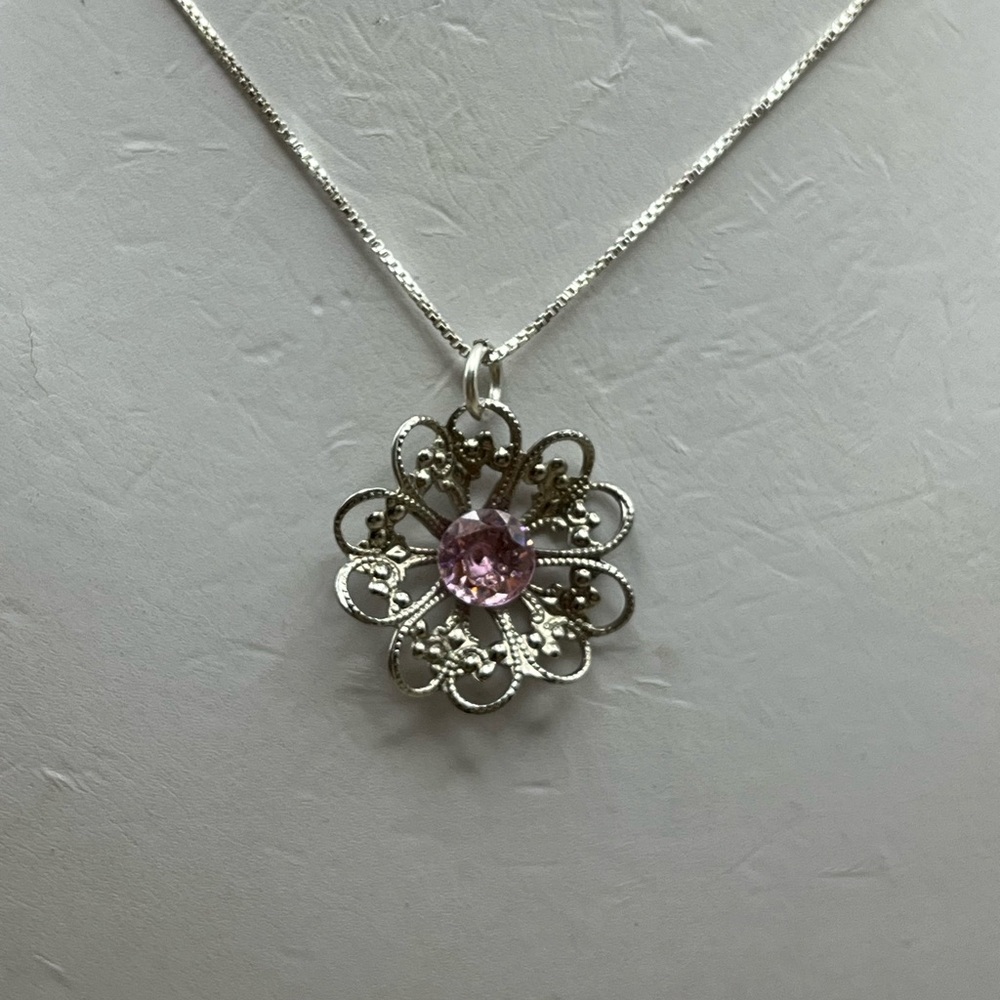 Vintage-Inspired Silver and Pink Filigree Necklace